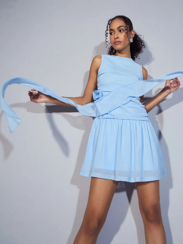 Big Discounts Women Blue Mesh Tiered Short Dress