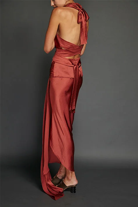 Get It Before It’s Gone Brick Washed Satin Draped Halter Dress (Sold Out)