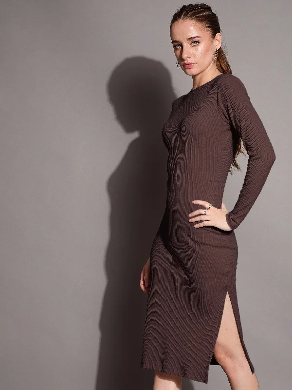 Big Discounts Women Brown Ribbed Side Slit Bodycon Dress