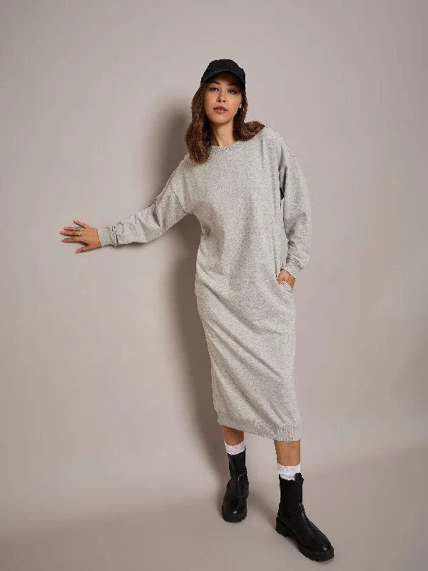 Daily Deals Women Grey Melange Terry Oversized Midi Sweat Dress