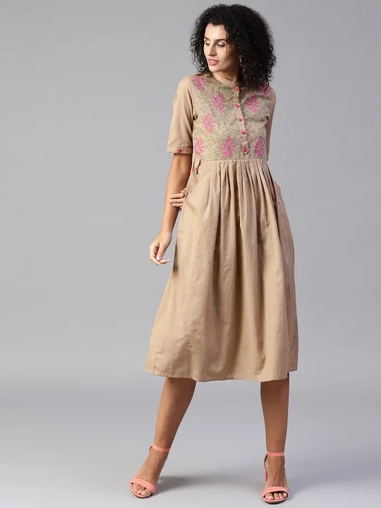 Low Prices Women Beige Solid Midi Empire Dress