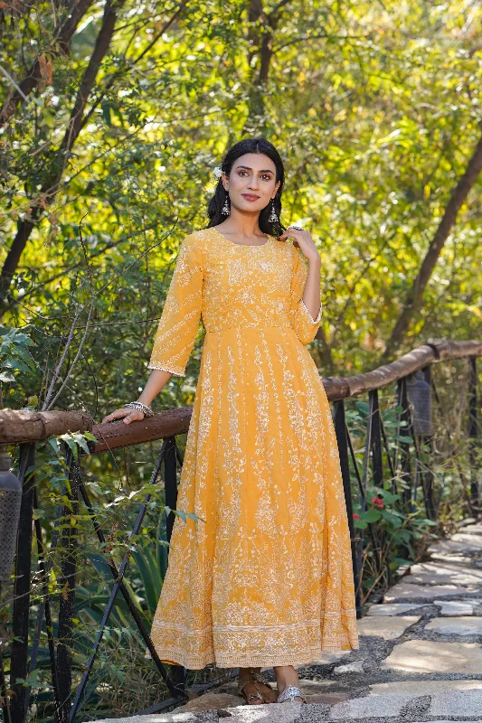 Friends and Family Sale Women Yellow Georgette Printed Dress