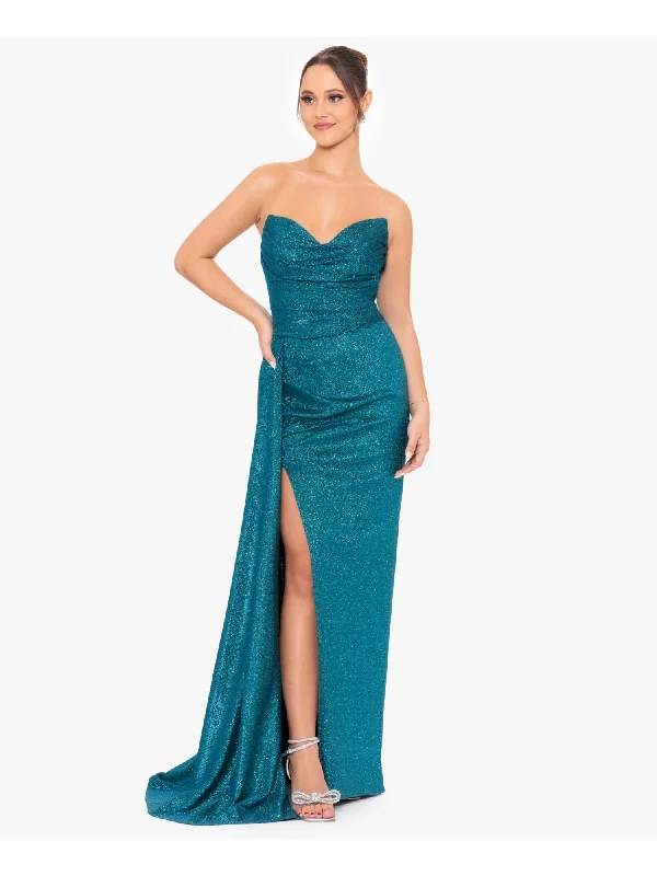 Price Blitz BLONDIE NITES Womens Teal Slitted Lined Pleated Glitter Zippered Sleeveless Sweetheart Neckline Full-Length Formal Gown Dress Price Blitz BLONDIE NITES Womens Teal Slitted Lined Pleated Glitter Zippered Sleeveless Sweetheart Neckline Full-Length Formal Gown Dress