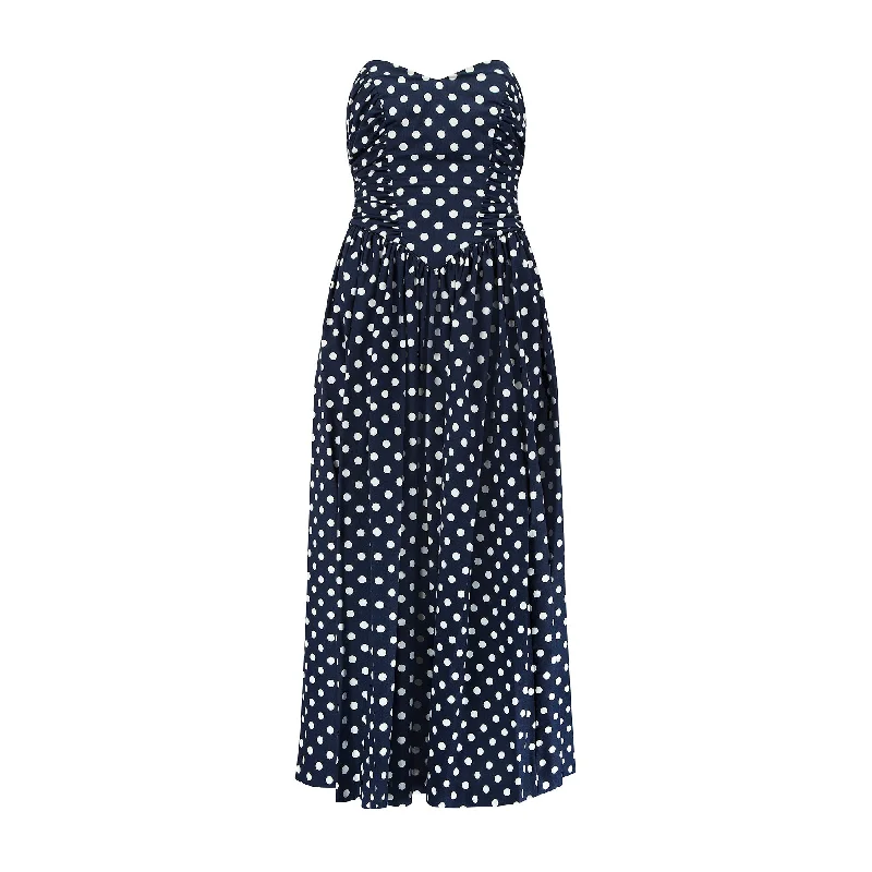 New Markdowns 1990s Laura Ashley Navy Polka Dot Strapless Dress