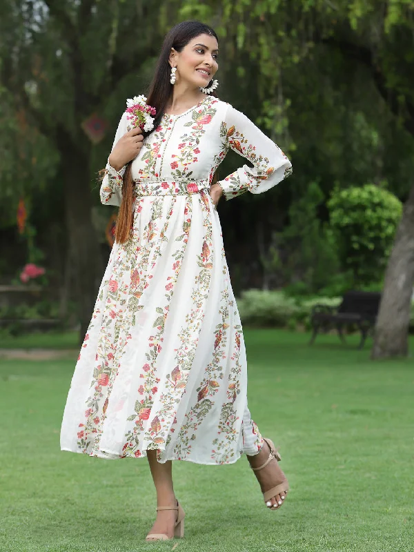 Great Deals Women Off White Chiffon Printed Dress & Belt