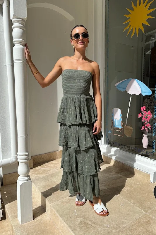 Clearance Event Tiered Maxi Dress Khaki/Gold
