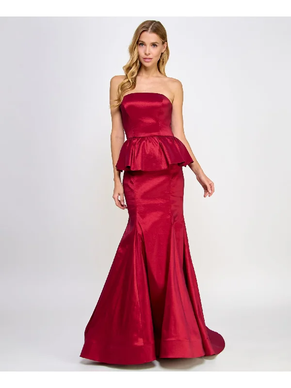 Crazy Deals B DARLIN Womens Red Lined Zippered Padded Ruffle Godet Pleats Sleeveless Strapless Full-Length Formal Peplum Dress Crazy Deals B DARLIN Womens Red Lined Zippered Padded Ruffle Godet Pleats Sleeveless Strapless Full-Length Formal Peplum Dress