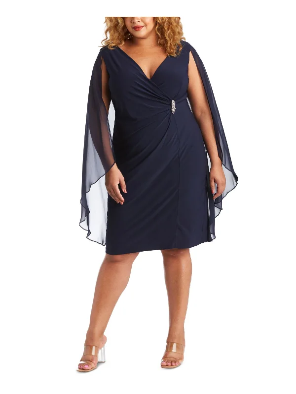 Discount Deals R&M RICHARDS WOMAN Womens Navy Stretch Zippered Embellished Attached Cape Surplice Neckline Knee Length Evening Sheath Dress