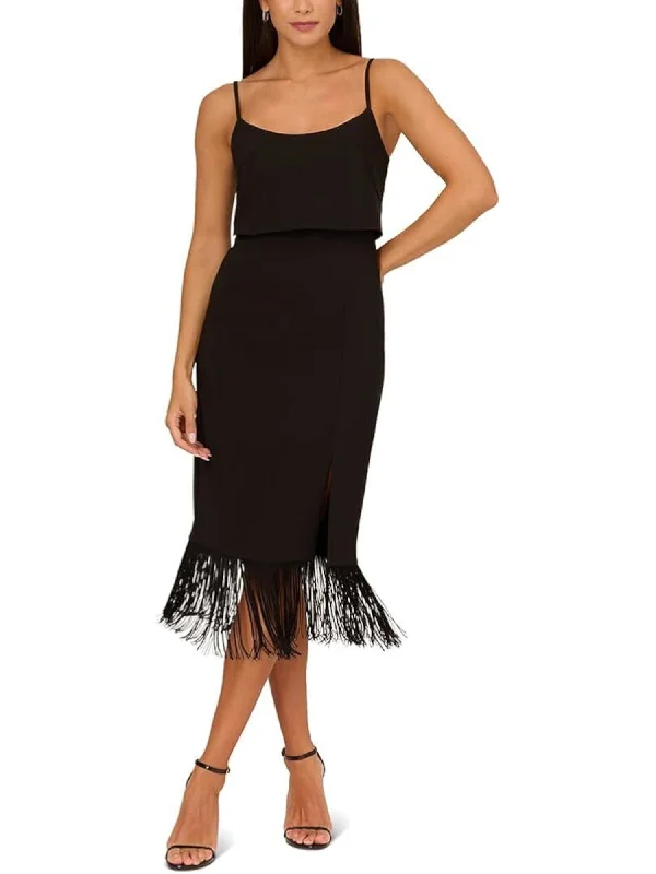 Final Clearance AIDAN Womens Black Zippered Slitted Fold-over Fringed-hem Lined Spaghetti Strap Scoop Neck Midi Party Sheath Dress Final Clearance AIDAN Womens Black Zippered Slitted Fold-over Fringed-hem Lined Spaghetti Strap Scoop Neck Midi Party Sheath Dress