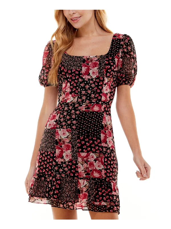 Deal Frenzy CITY STUDIO Womens Black Ruffled Criss-cross Tie-back Printed Pouf Sleeve Square Neck Short Party Fit + Flare Dress Deal Frenzy CITY STUDIO Womens Black Ruffled Criss-cross Tie-back Printed Pouf Sleeve Square Neck Short Party Fit + Flare Dress