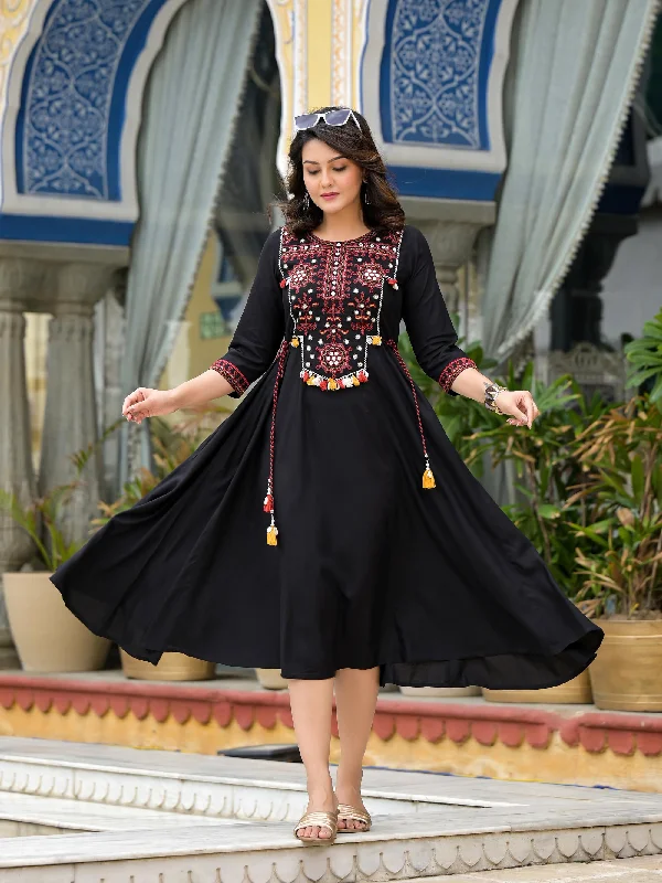 Exclusive Savings Black Thread Embroidered Liva Rayon A-Line Dress With Tassel Kaudis & Doris At Waist