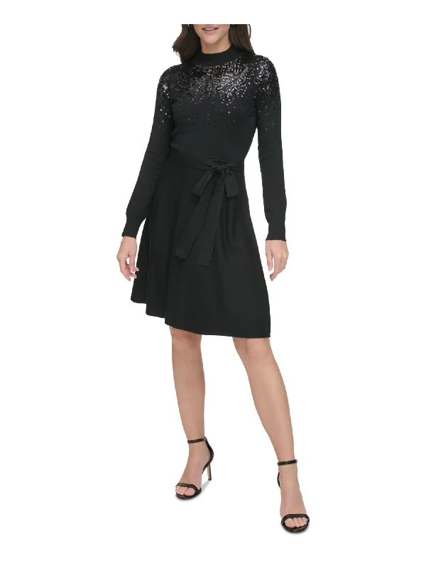 Epic Deals VINCE CAMUTO Womens Black Knit Sequined Belted Unlined Long Sleeve Mock Neck Above The Knee Party Fit + Flare Dress Epic Deals VINCE CAMUTO Womens Black Knit Sequined Belted Unlined Long Sleeve Mock Neck Above The Knee Party Fit + Flare Dress