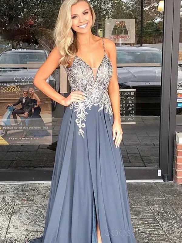 Bonus Savings Spaghetti Straps Grey Beaded Long Evening Prom Dresses, Cheap Sweet 16 Dresses, 18317