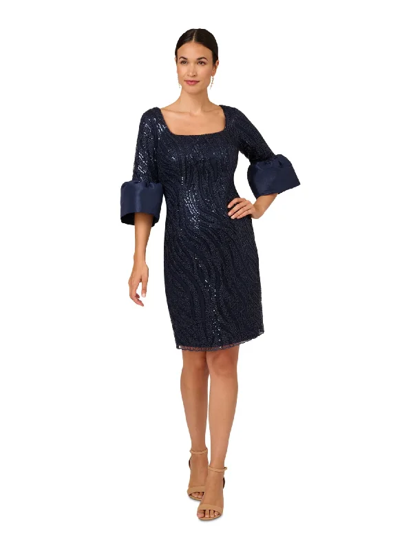 Anniversary Sale ADRIANNA PAPELL Womens Navy Sequined Zippered Lined Lace Bell Sleeve Square Neck Above The Knee Cocktail Sheath Dress Anniversary Sale ADRIANNA PAPELL Womens Navy Sequined Zippered Lined Lace Bell Sleeve Square Neck Above The Knee Cocktail Sheath Dress