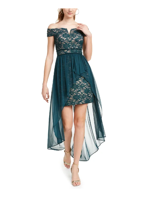 Deep Discounts MORGAN & CO Womens Green Lace Embellished Floral Off Shoulder Full-Length Formal Hi-Lo Dress Deep Discounts MORGAN & CO Womens Green Lace Embellished Floral Off Shoulder Full-Length Formal Hi-Lo Dress