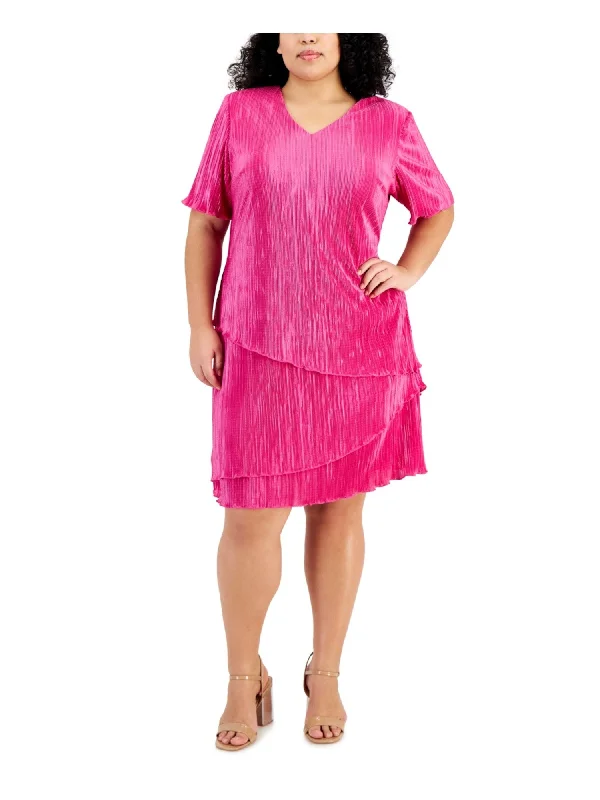 Sneak Peek Sale CONNECTED APPAREL Womens Pink Textured Lined Asymmetric Tiered Short Sleeve V Neck Above The Knee Party Sheath Dress Sneak Peek Sale CONNECTED APPAREL Womens Pink Textured Lined Asymmetric Tiered Short Sleeve V Neck Above The Knee Party Sheath Dress