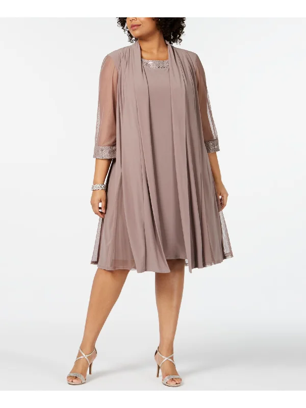 Sale Event R&M RICHARDS Womens Beige Sequined Sheer 3/4 Sleeve Jewel Neck Knee Length Shift Dress Sale Event R&M RICHARDS Womens Beige Sequined Sheer 3/4 Sleeve Jewel Neck Knee Length Shift Dress