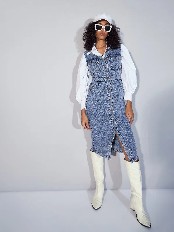 Crazy Deals Women Blue Denim V-Neck Midi Dress