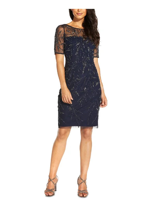 Sale Event ADRIANNA PAPELL Womens Navy Beaded Sequined Lined Zippered Illusion Short Sleeve Boat Neck Above The Knee Cocktail Sheath Dress