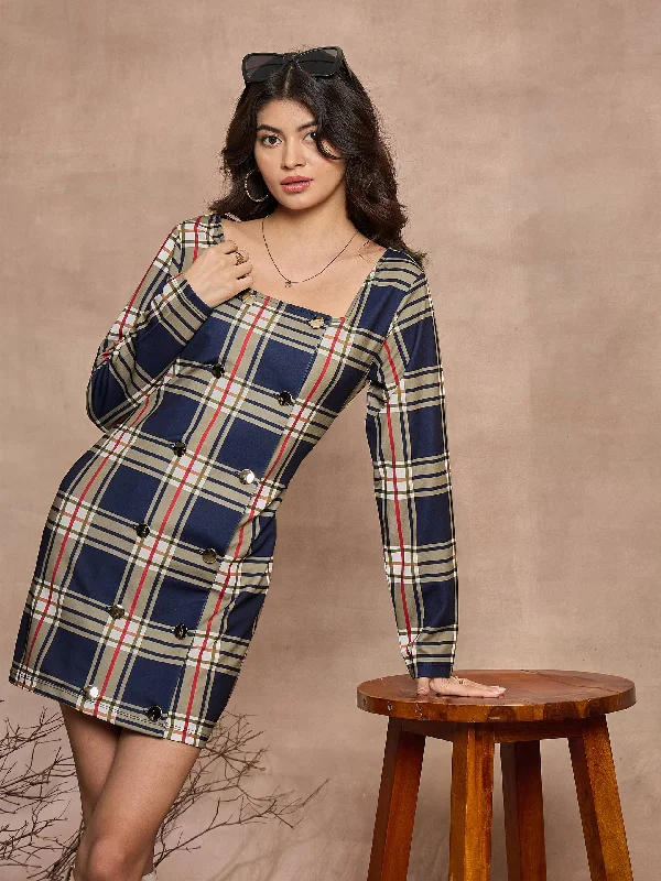 Weekend Special Women Navy Blue Check Front Button Short Dress