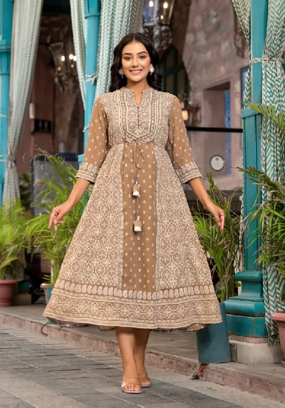 Massive Deals Brown Ethnic Motif Printed Georgette A-Lined Dress With Sequins & Doris Massive Deals Brown Ethnic Motif Printed Georgette A-Lined Dress With Sequins & Doris