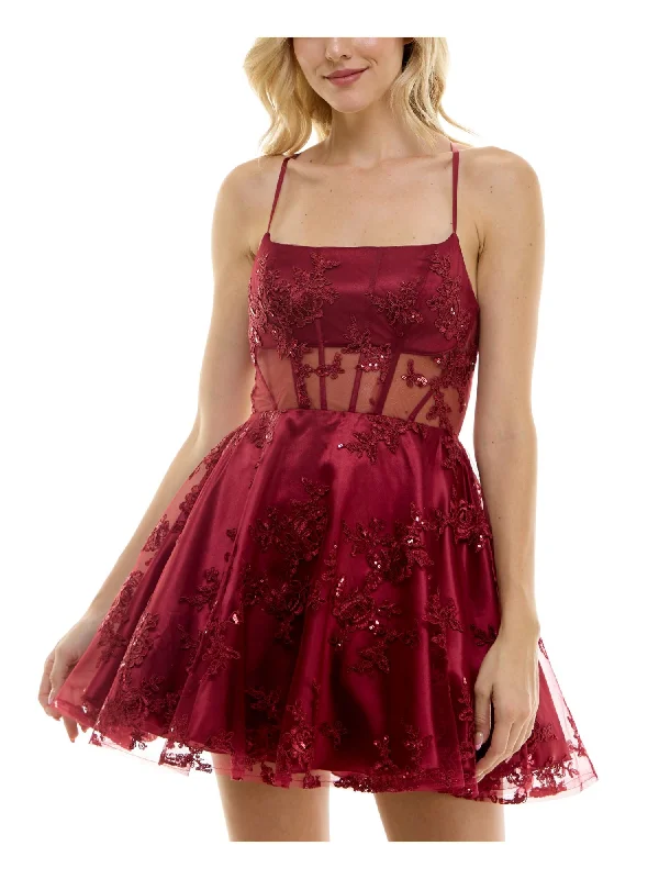 Stock Up and Save B DARLIN Womens Burgundy Mesh Zippered Open Back Boned Illusion Corset Bodice Spaghetti Strap Scoop Neck Short Party Fit + Flare Dress