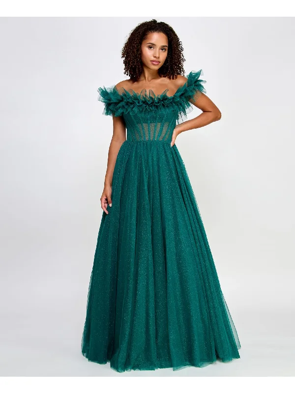 Huge Savings SAY YES TO THE PROM Womens Green Ruffled Zippered Sheer Boned Bodice Cap Sleeve Off Shoulder Full-Length Prom Gown Dress Huge Savings SAY YES TO THE PROM Womens Green Ruffled Zippered Sheer Boned Bodice Cap Sleeve Off Shoulder Full-Length Prom Gown Dress