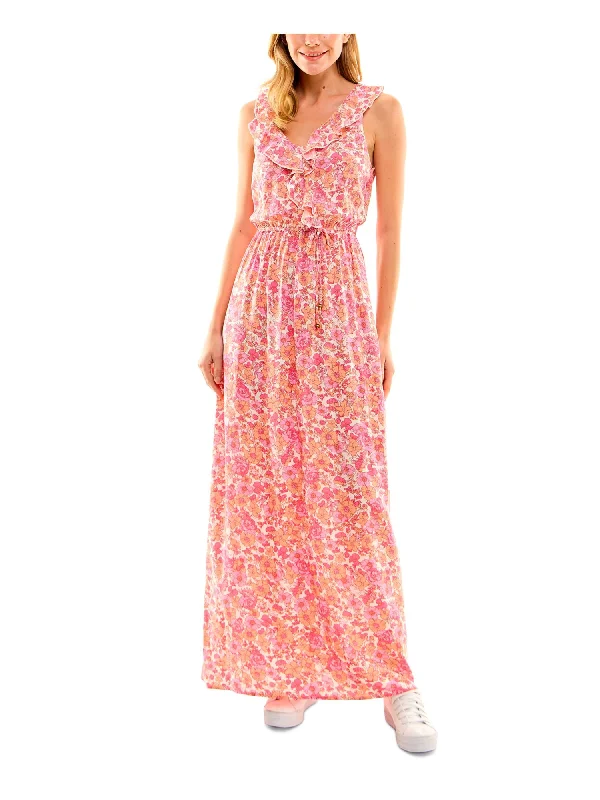 Clearance Items KINGSTON GREY Womens White Ruffled Tie Elastic Waist Floral Sleeveless V Neck Maxi Empire Waist Dress Clearance Items KINGSTON GREY Womens White Ruffled Tie Elastic Waist Floral Sleeveless V Neck Maxi Empire Waist Dress