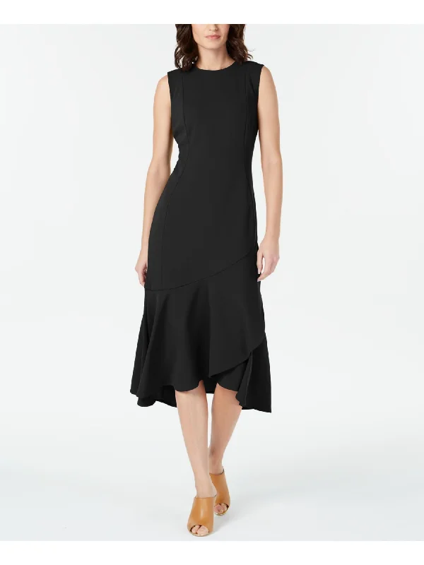The Best Prices CALVIN KLEIN Womens Sleeveless Jewel Neck Tea-Length Wear To Work Hi-Lo Dress