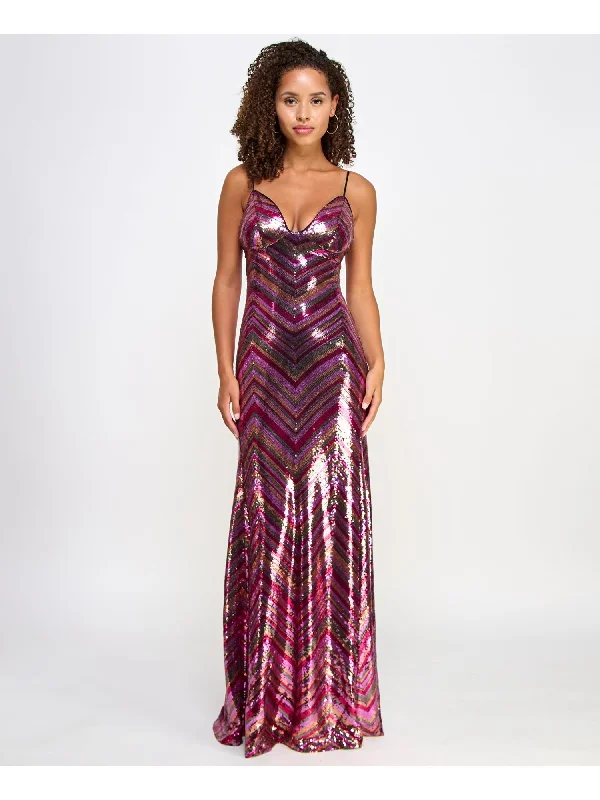 Friends and Family Sale VIOLET WEEKEND Womens Pink Sequined Zippered Lace Up Open Back Lined Chevron Spaghetti Strap Sweetheart Neckline Full-Length Formal Gown Dress