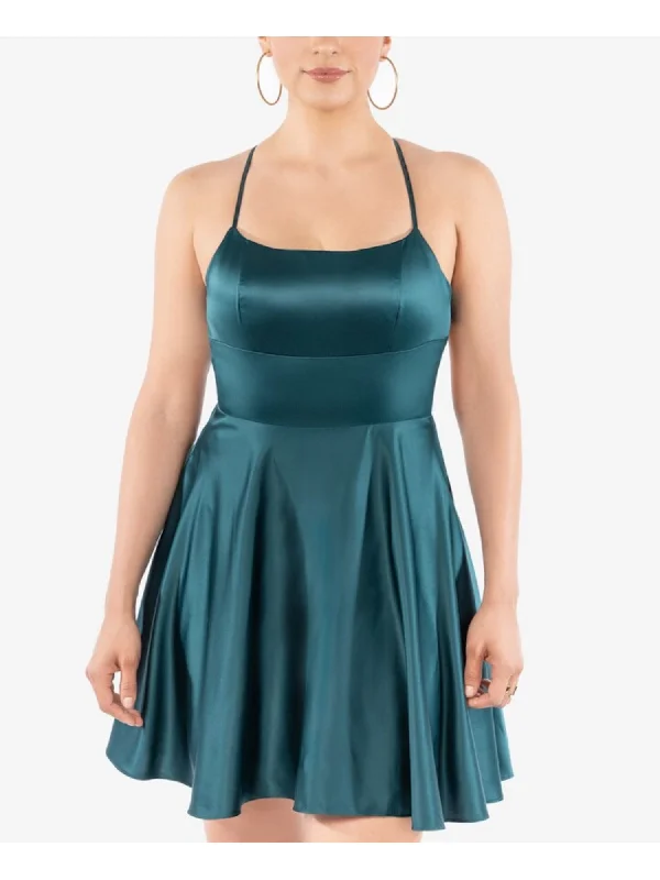 Flash Sale B DARLIN Womens Teal Zippered Fitted Lace-up Back Molded Cups Spaghetti Strap Square Neck Short Party Fit + Flare Dress Flash Sale B DARLIN Womens Teal Zippered Fitted Lace-up Back Molded Cups Spaghetti Strap Square Neck Short Party Fit + Flare Dress