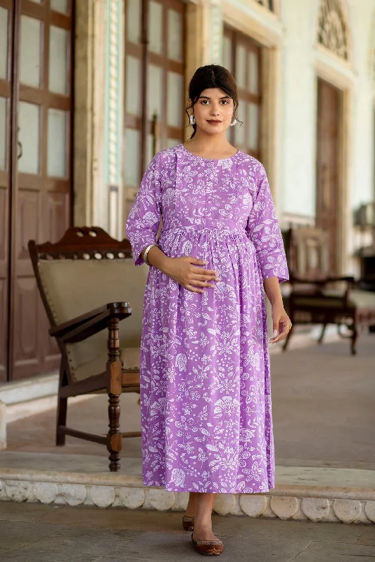 Seasonal Clearance Women Levender Printed Flared Maternity Dress