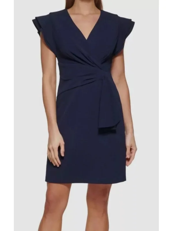 Low Prices DKNY Womens Navy Pleated Zippered Side-drape Flutter Sleeve Surplice Neckline Short Party Sheath Dress Low Prices DKNY Womens Navy Pleated Zippered Side-drape Flutter Sleeve Surplice Neckline Short Party Sheath Dress