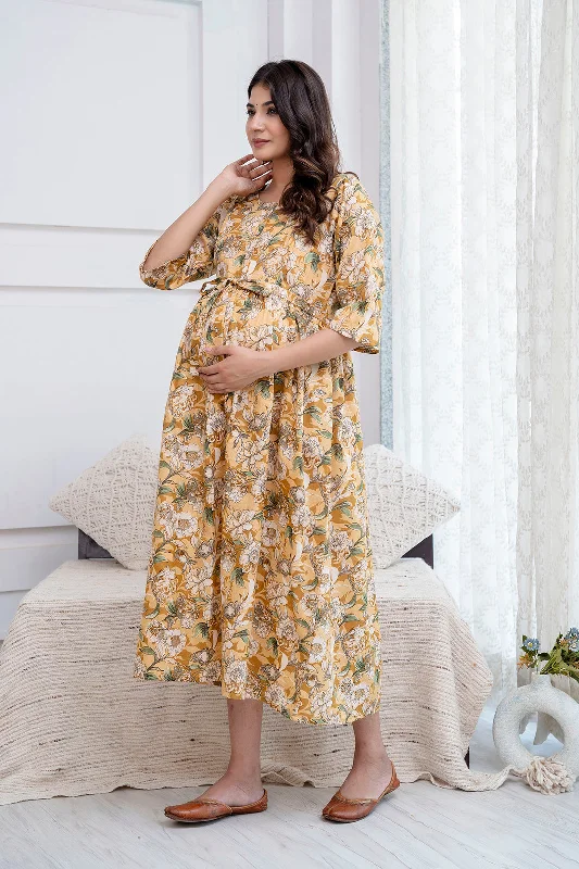 Massive Deals Cream Printed Maternity Dress For Women
