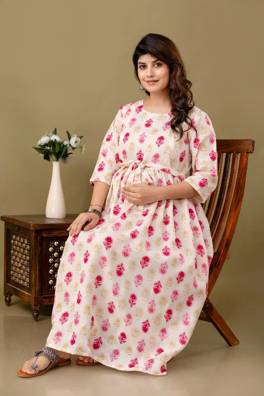 Price Cut Women Off White Printed Flared Maternity Dress