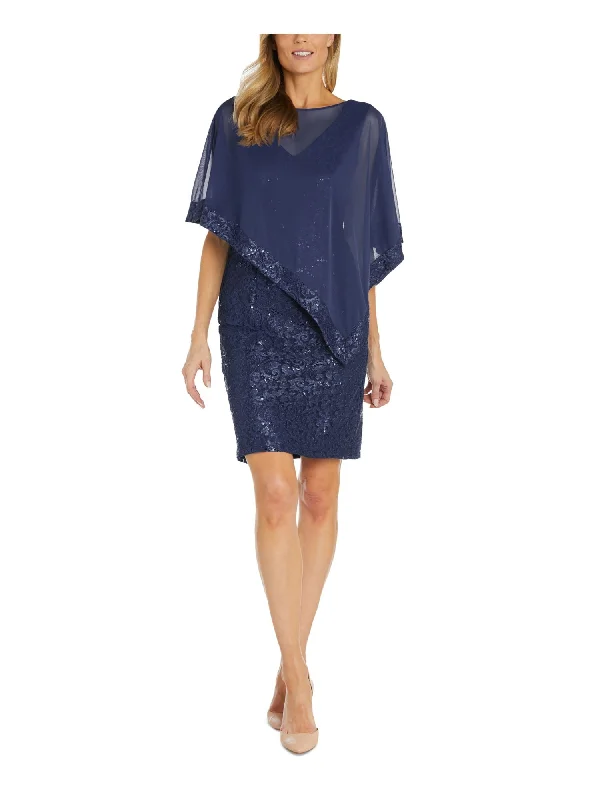 Hurry In R&M RICHARDS Womens Navy Zippered Glitter Lined Poncho Sequined Floral Short Sleeve Boat Neck Above The Knee Evening Sheath Dress Hurry In R&M RICHARDS Womens Navy Zippered Glitter Lined Poncho Sequined Floral Short Sleeve Boat Neck Above The Knee Evening Sheath Dress