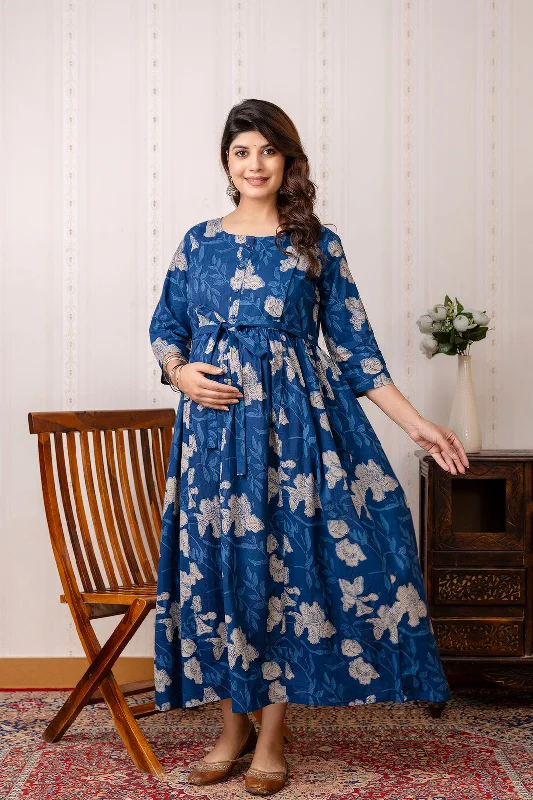 Lowest Prices Blue Printed Maternity Dress For Women