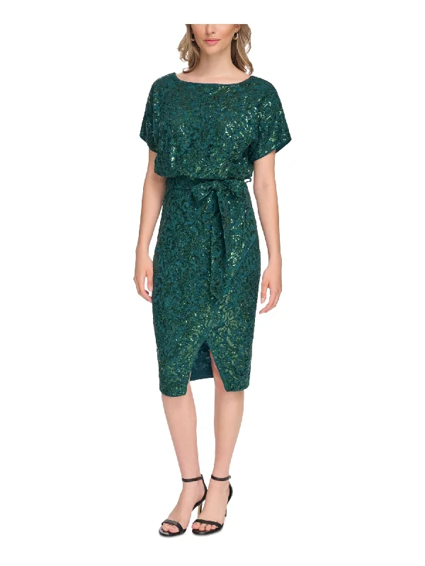 Doorbuster Deal KENSIE DRESSES Womens Green Zippered Slitted Tie Belt Lined Short Sleeve Round Neck Below The Knee Wear To Work Blouson Dress Doorbuster Deal KENSIE DRESSES Womens Green Zippered Slitted Tie Belt Lined Short Sleeve Round Neck Below The Knee Wear To Work Blouson Dress