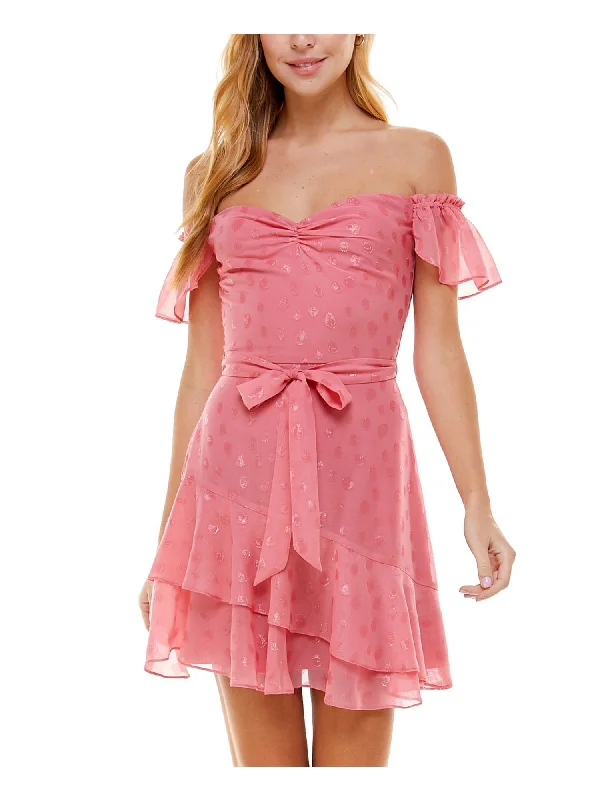 Blowout Sale CITY STUDIO Womens Pink Zippered Ruched Pleated, Sheer, Ruffled Short Sleeve Off Shoulder Short Party Fit + Flare Dress Blowout Sale CITY STUDIO Womens Pink Zippered Ruched Pleated, Sheer, Ruffled Short Sleeve Off Shoulder Short Party Fit + Flare Dress