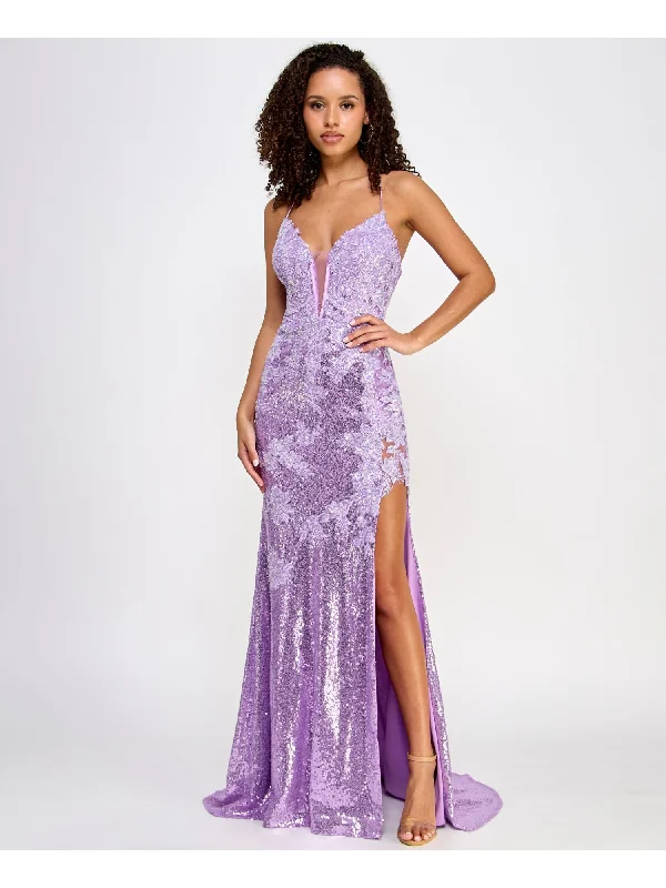 Deal Dash SAY YES TO THE PROM Womens Purple Zippered Lined Lace-up Open Back High Slit Spaghetti Strap V Neck Full-Length Prom Gown Dress