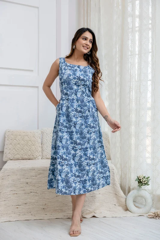 Value Deals Women Blue Abstract Printed Flared Dress