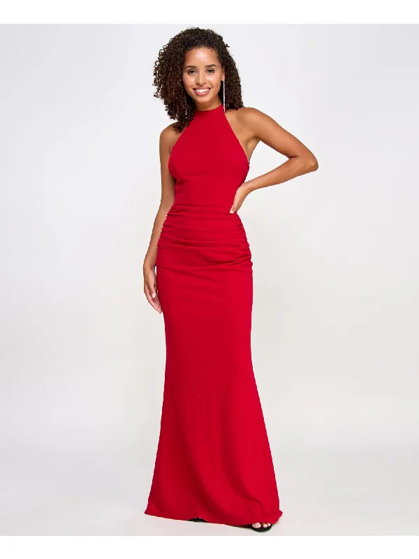 Online Only CITY STUDIO Womens Red Zippered Open Back Shirred Rosette Accents Ruffled Sleeveless Halter Full-Length Evening Sheath Dress Online Only CITY STUDIO Womens Red Zippered Open Back Shirred Rosette Accents Ruffled Sleeveless Halter Full-Length Evening Sheath Dress