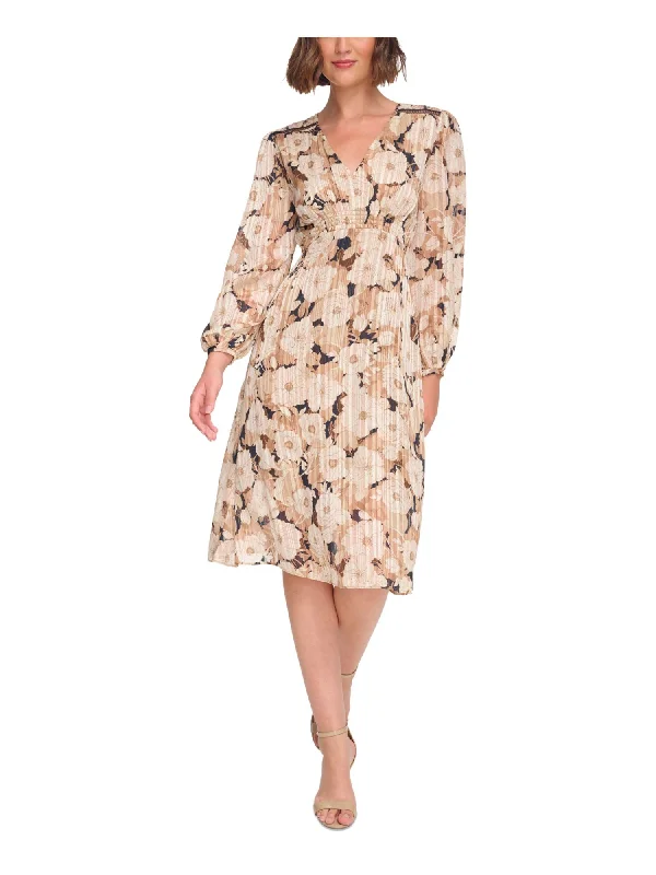 Best Deals TOMMY HILFIGER Womens Beige Zippered Lined Smocked Front Waist Floral Blouson Sleeve V Neck Below The Knee Wear To Work Fit + Flare Dress Best Deals TOMMY HILFIGER Womens Beige Zippered Lined Smocked Front Waist Floral Blouson Sleeve V Neck Below The Knee Wear To Work Fit + Flare Dress