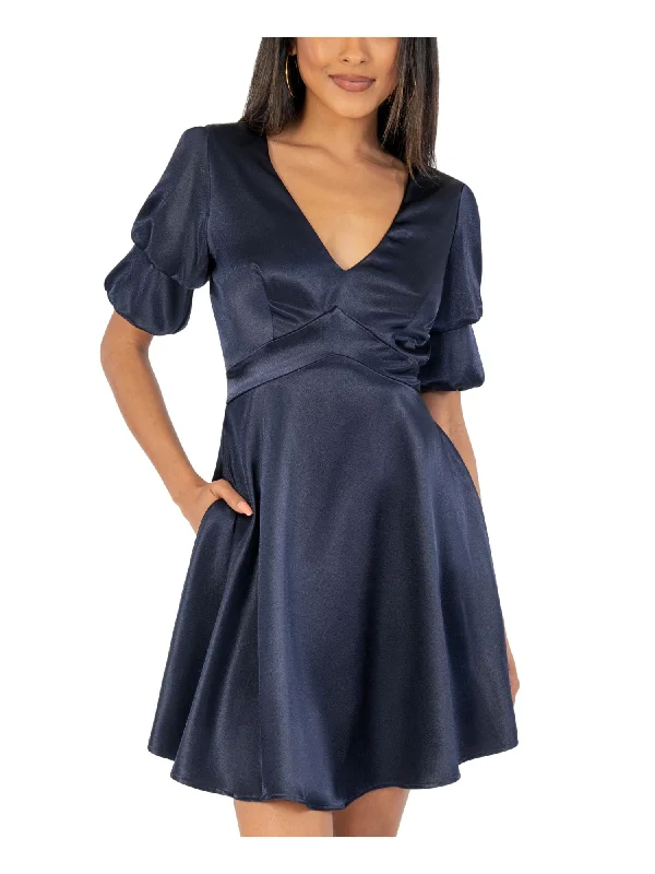 Final Sale SPEECHLESS Womens Navy Stretch Darted Lined Pouf Sleeve V Neck Short Party Fit + Flare Dress