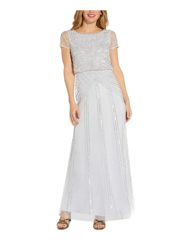 Extra Savings ADRIANNA PAPELL Womens Light Blue Sequined Beaded Zippered Lined Gown Flutter Sleeve Boat Neck Full-Length Evening Blouson Dress Extra Savings ADRIANNA PAPELL Womens Light Blue Sequined Beaded Zippered Lined Gown Flutter Sleeve Boat Neck Full-Length Evening Blouson Dress