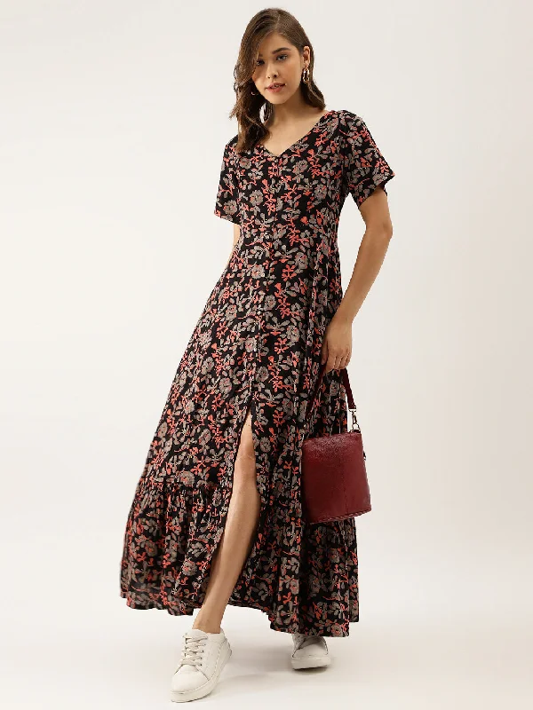Closeout Sale Women Black Multi Floral Printed Rayon Ethnic Dress