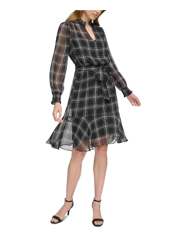 Markdowns TOMMY HILFIGER Womens Black Lined Belted Ruffle Collar Elastic Waist Plaid Blouson Sleeve V Neck Fit + Flare Dress Markdowns TOMMY HILFIGER Womens Black Lined Belted Ruffle Collar Elastic Waist Plaid Blouson Sleeve V Neck Fit + Flare Dress