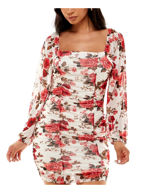 Low Prices ALMOST FAMOUS Womens Ivory Ruched Sheer Lined Pullover Floral Long Sleeve Square Neck Short Party Body Con Dress Low Prices ALMOST FAMOUS Womens Ivory Ruched Sheer Lined Pullover Floral Long Sleeve Square Neck Short Party Body Con Dress