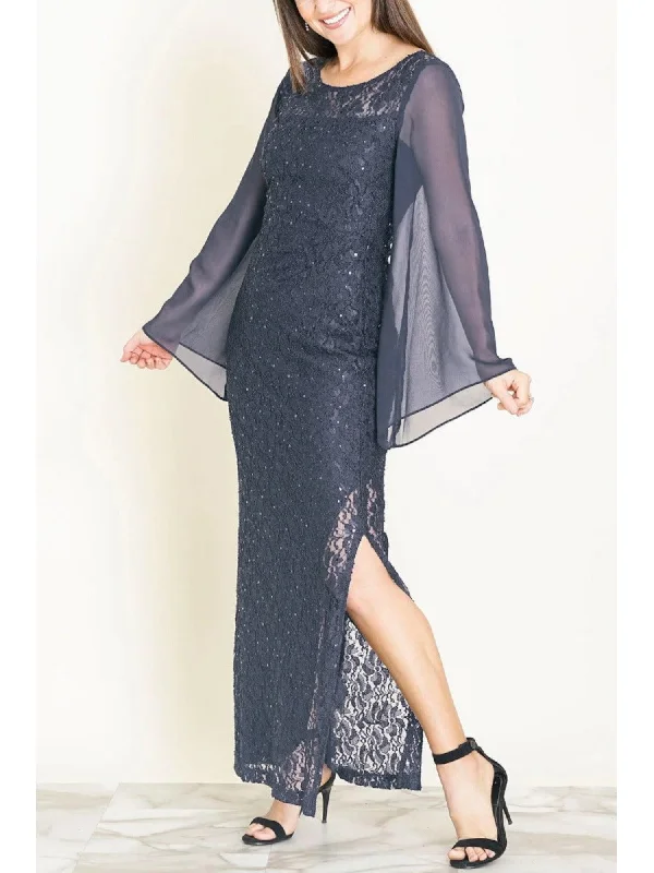 Price Smash CONNECTED APPAREL Womens Gray Lined V-back Side Slit Pullover Bell Sleeve Scoop Neck Maxi Evening Sheath Dress Price Smash CONNECTED APPAREL Womens Gray Lined V-back Side Slit Pullover Bell Sleeve Scoop Neck Maxi Evening Sheath Dress
