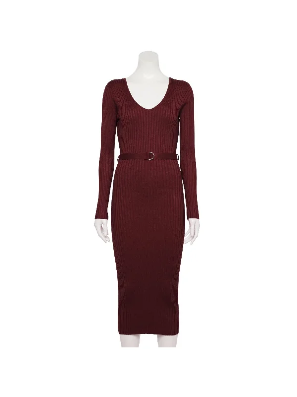 Low Prices ALMOST FAMOUS Womens Burgundy Ribbed Belted V-back Long Sleeve V Neck Midi Party Body Con Dress Low Prices ALMOST FAMOUS Womens Burgundy Ribbed Belted V-back Long Sleeve V Neck Midi Party Body Con Dress